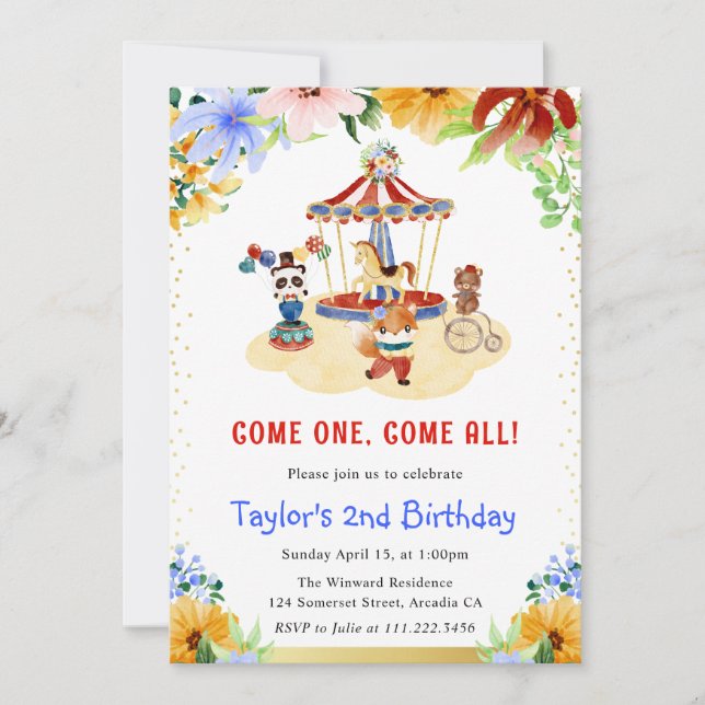 Invitation Aquarelle Fleurs Animaux de Cirque Mignons Anniver (Devant)