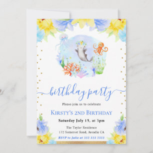 Invitation Aquarelle Fleurs Animaux Sous-Marins Anniversaire