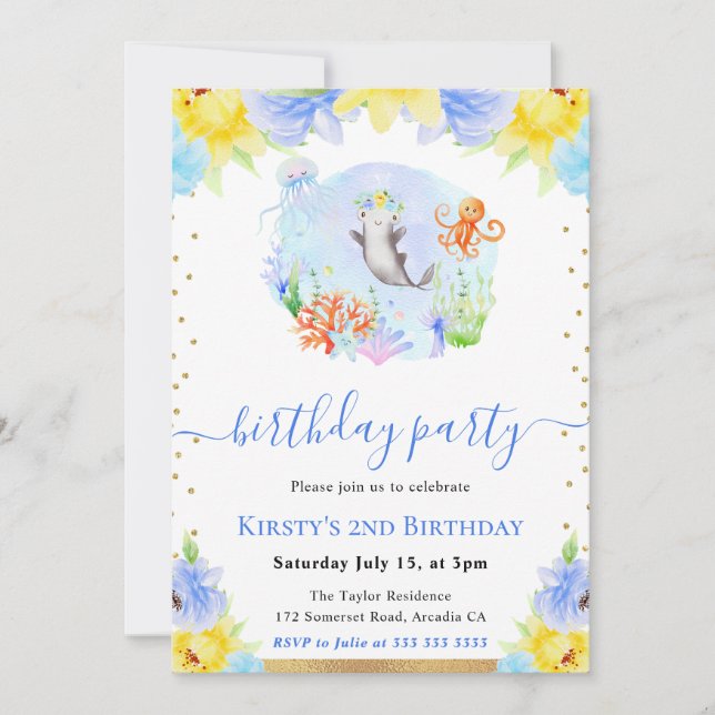Invitation Aquarelle Fleurs Animaux Sous-Marins Anniversaire (Devant)