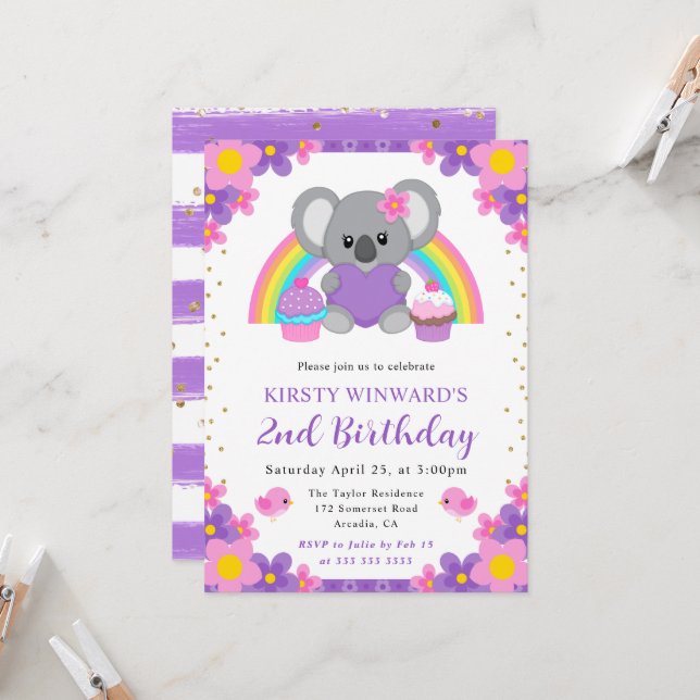 Invitation Aquarelle Fleurs Arc-en-ciel Koala Anniversaire (Devant/Arrière en situation)