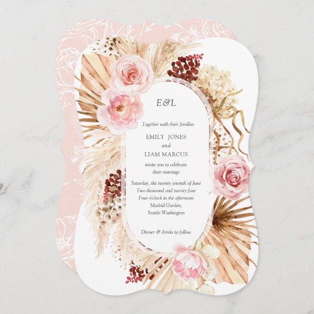 Invitation Aquarelle Fleurs Arc moderne pampas boho mariage (Devant / Derrière)