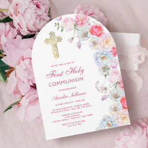 Invitation Aquarelle Fleurs Arc Première communion