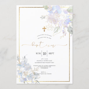 Invitation Aquarelle Fleurs Baptême Bleu Dusty Pois doux