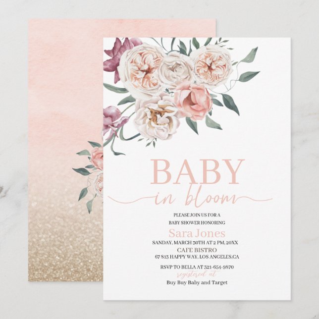 Invitation Aquarelle Fleurs bébé en Baby shower fleuri (Devant / Derrière)