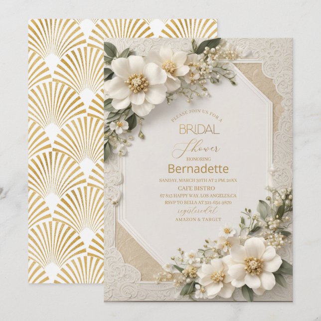 Invitation Aquarelle fleurs blanches 3D or Fête de mariage (Devant / Derrière)