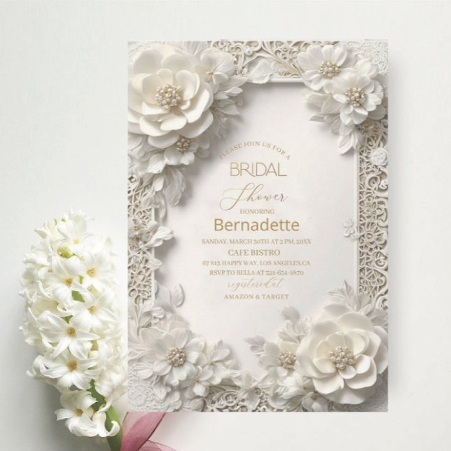 Invitation Aquarelle fleurs blanches 3D or Fête de mariage (Créateur téléchargé)