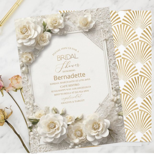 Invitation Aquarelle fleurs blanches 3D or Fête de mariage (Créateur téléchargé)