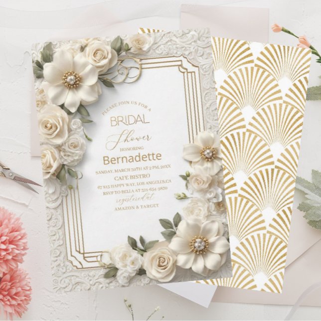 Invitation Aquarelle fleurs blanches 3D or Fête de mariage (Créateur téléchargé)