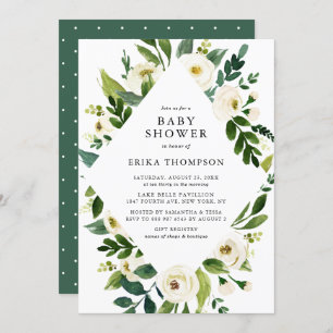 Invitation Aquarelle Fleurs blanches Baby shower cadre