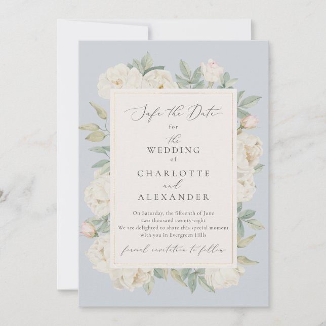 Invitation Aquarelle fleurs blanches, bleu clair enregistrer  (Devant)