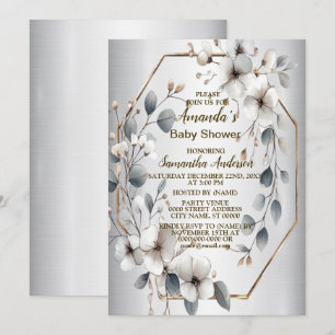 Invitation Aquarelle Fleurs blanches Cadre doré Argent Turquo