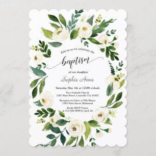Invitation Aquarelle Fleurs blanches Croix d'or Fille Baptême