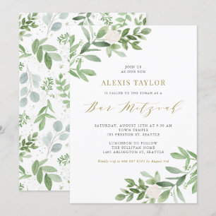 Invitation Aquarelle Fleurs blanches et verdure Bar Mitzvah