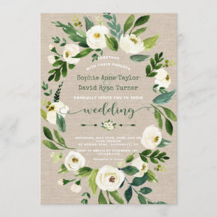 Invitation Aquarelle Fleurs blanches Mariage toile lin