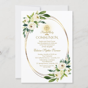 Invitation Aquarelle Fleurs blanches Or Sainte Communion