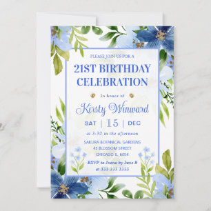 Invitation Aquarelle Fleurs Bleu Nuit et Bleu Bébé Anniversai