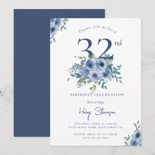 Invitation Aquarelle Fleurs Bleu Poussiéreux 32e Anniversaire