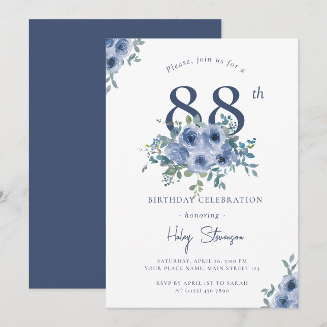 Invitation Aquarelle Fleurs Bleu Poussiéreux 88e Anniversaire (Devant / Derrière)