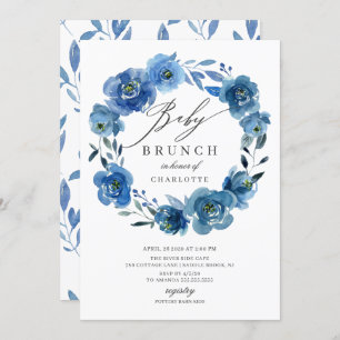 Invitation Aquarelle Fleurs Bleues Baby shower Brunch