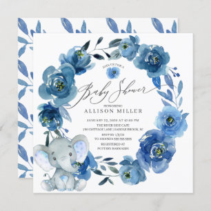 Invitation Aquarelle Fleurs Bleues Baby shower éléphant