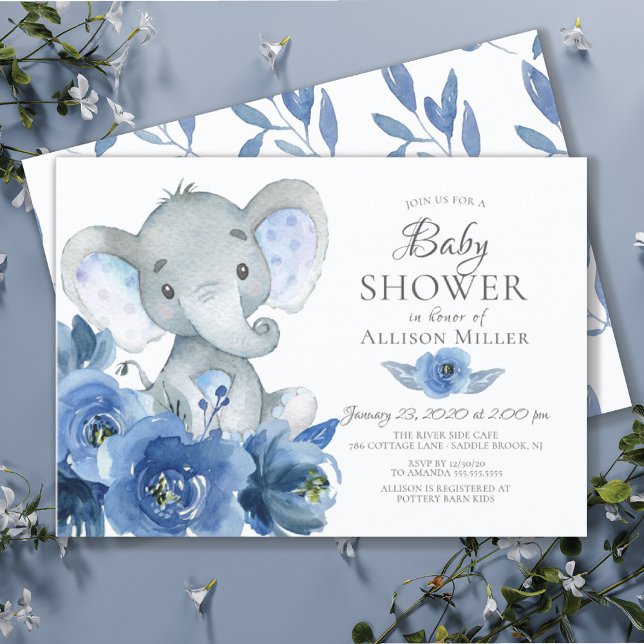Invitation Aquarelle Fleurs Bleues Baby shower éléphant (Créateur téléchargé)