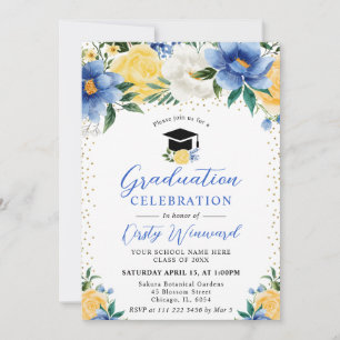 Invitation Aquarelle Fleurs Bleues et Jaunes de Remise de Dip