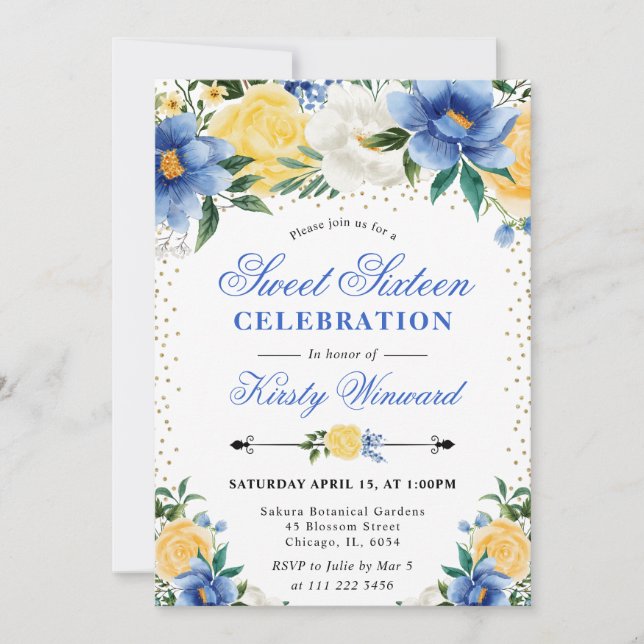 Invitation Aquarelle Fleurs bleues et jaunes Photo Sweet 16 (Devant)