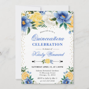 Invitation Aquarelle Fleurs bleues et jaunes Quinceanera