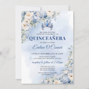 Invitation Aquarelle fleurs bleues eucalyptus Quinceañera