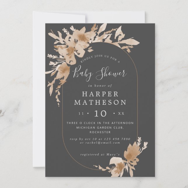 Invitation Aquarelle fleurs boho gris oblong baby shower dans (Devant)