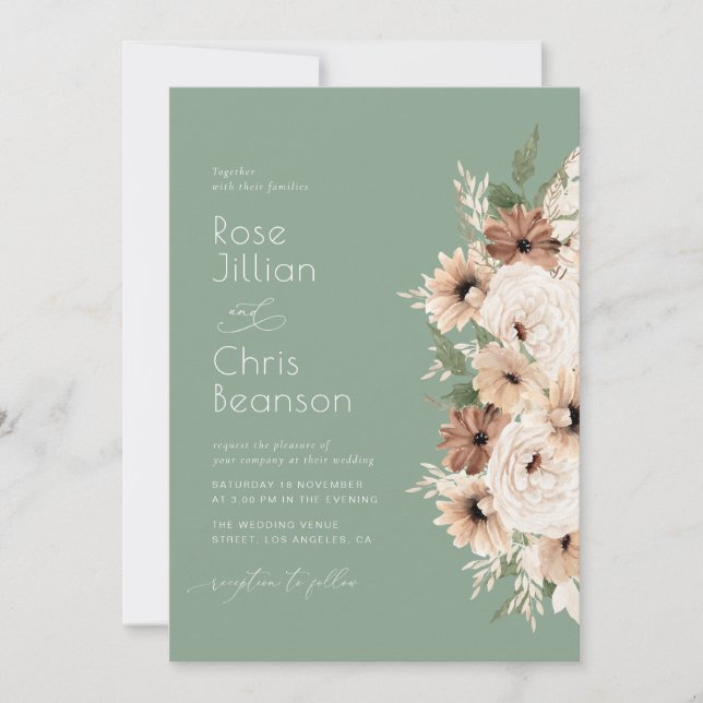 Invitation Aquarelle fleurs boho sauge vert mariage (Devant)