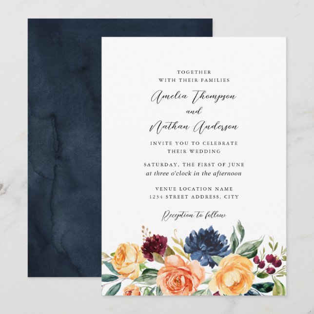 Invitation Aquarelle Fleurs Botaniques Rustiques Mariage (Devant / Derrière)