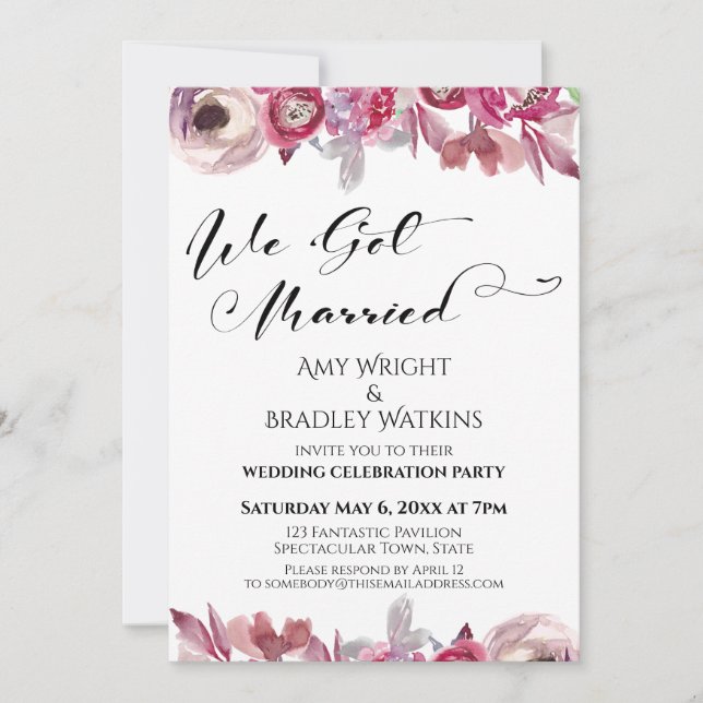 Invitation Aquarelle Fleurs Calligraphie Nous sommes mariés (Devant)