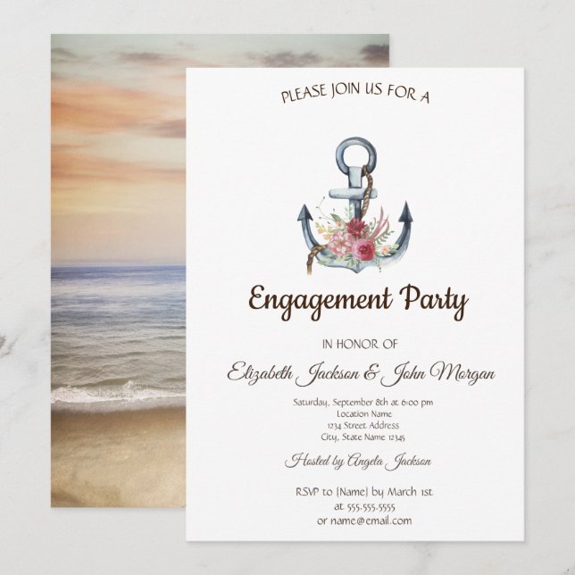 Invitation Aquarelle Fleurs d'ancre Nautique Fiançailles (Devant / Derrière)