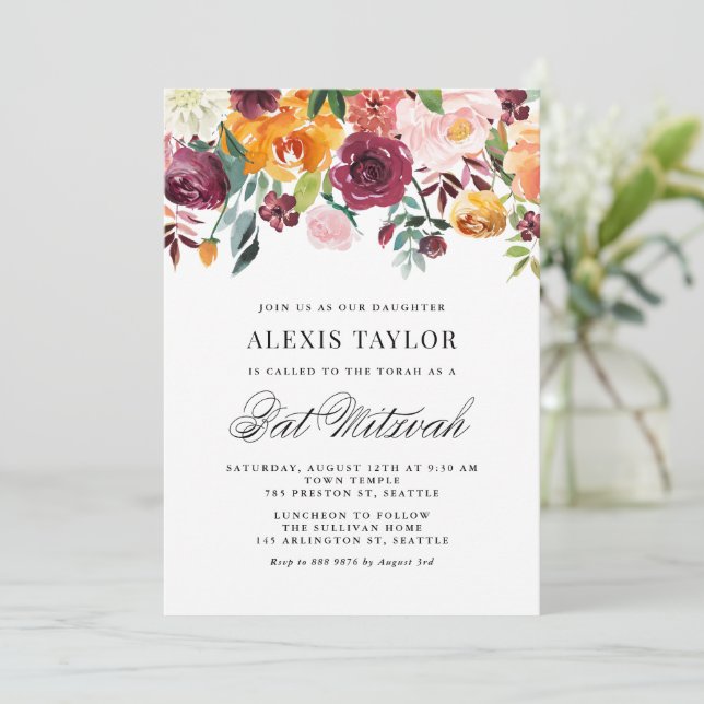 Invitation Aquarelle Fleurs d'automne Bat mitzvah (Debout devant)