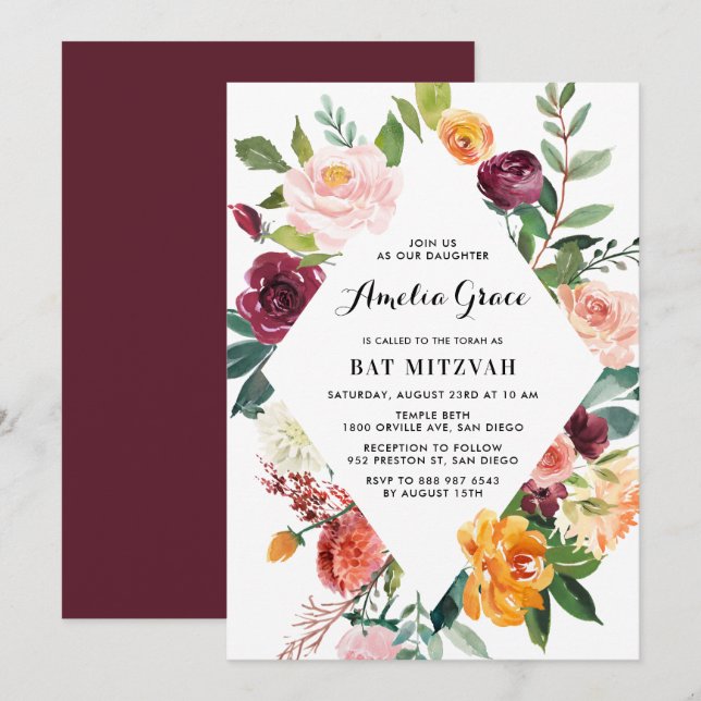 Invitation Aquarelle Fleurs d'automne Bat mitzvah de cadre di (Devant / Derrière)