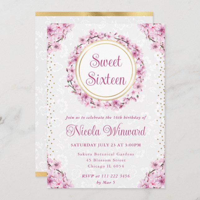 Invitation Aquarelle Fleurs de cerisier Wreath Sweet 16 (Devant / Derrière)