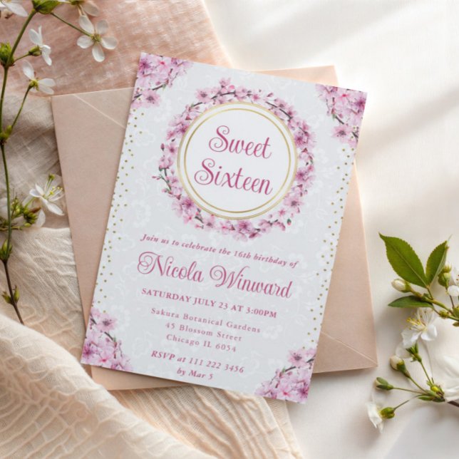 Invitation Aquarelle Fleurs de cerisier Wreath Sweet 16 (Créateur téléchargé)