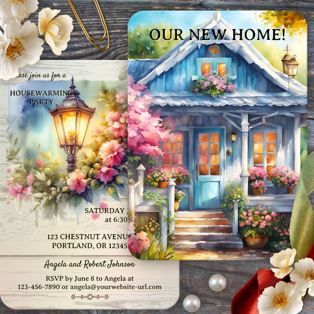Invitation Aquarelle Fleurs de lanternes Photo Ménage (Housewarming party invitation featuring a watercolor painting of a lantern with festive flowers)