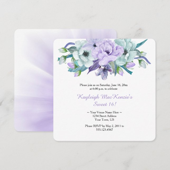 Invitation Aquarelle Fleurs de Menthe Violette Sweet 16 (Devant / Derrière)