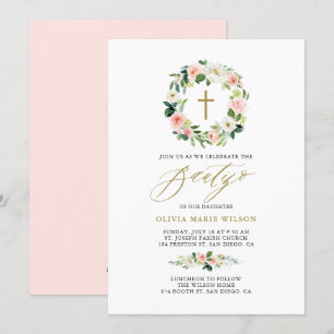 Invitation Aquarelle Fleurs de Pêche Floral Wreath Bautizo