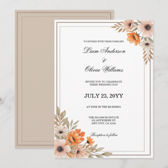 Invitation Aquarelle Fleurs de Pêcher Floral Mariage (Devant / Derrière)