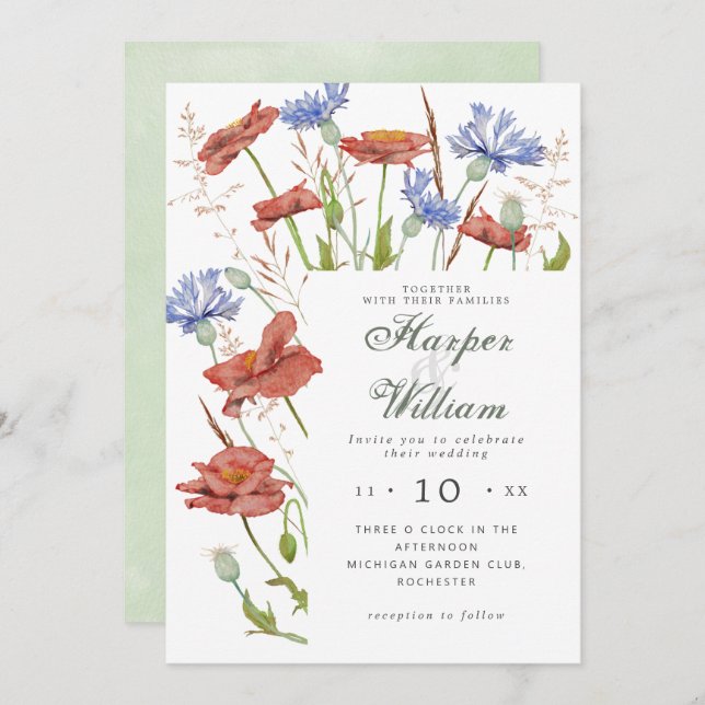 Invitation Aquarelle fleurs de prairie herbe mariage (Devant / Derrière)