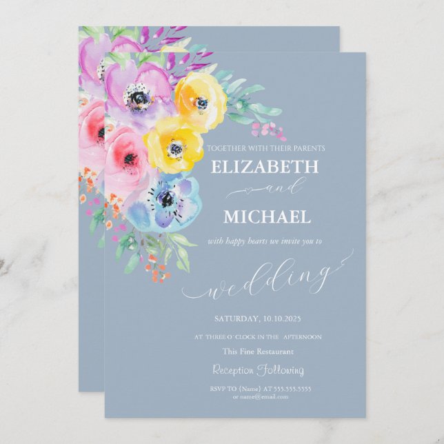 Invitation Aquarelle Fleurs de ressort Mariage bleu foncé (Devant / Derrière)