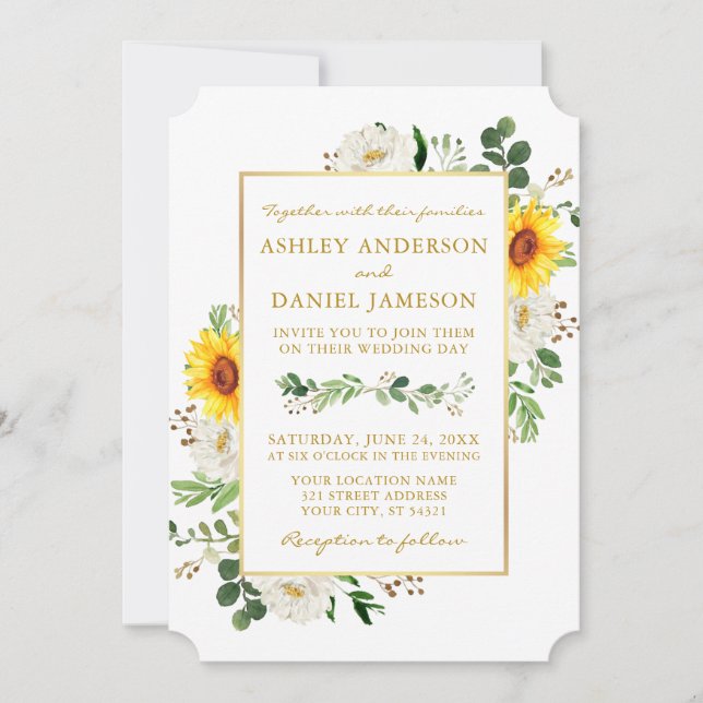 Invitation Aquarelle Fleurs de soleil Blanc Floral Mariage Or (Devant)