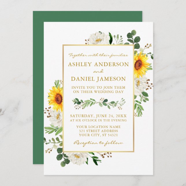 Invitation Aquarelle Fleurs de soleil Blanc Floral Mariage Or (Devant / Derrière)