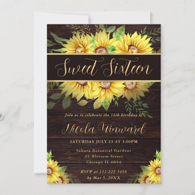 Invitation Aquarelle Fleurs de soleil Frame Frame Sweet 16 (Devant)