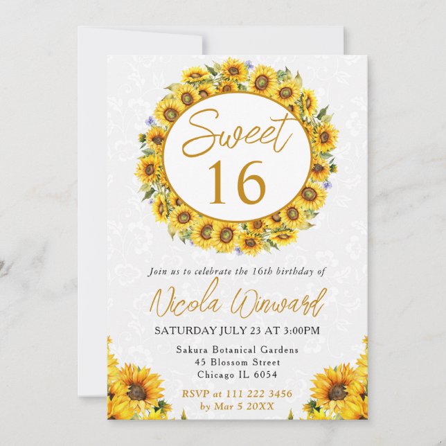 Invitation Aquarelle Fleurs de soleil jaunes Wreath Sweet 16 (Devant)