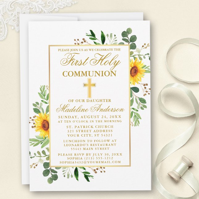 Invitation Aquarelle Fleurs de soleil verdure Première commun (Customize to change text color, size, style or to add photos or more text to back of card.)