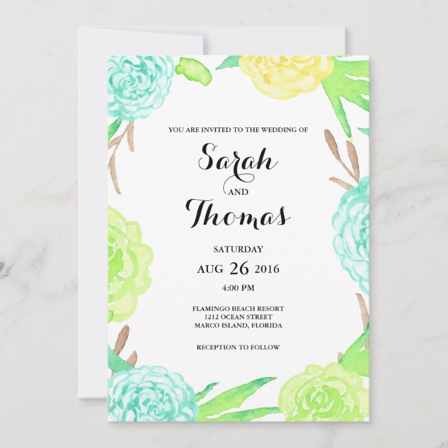 Invitation Aquarelle Fleurs d'été Mariage (Devant)